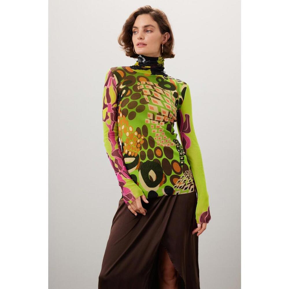 Fuzzi Green Abstract Mesh Top Size M with Fabric Fraying
